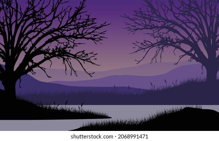 Beautiful view of the mountains from the river bank at dusk with aesthetically dry tree silhouettes. Vector illustration of a city