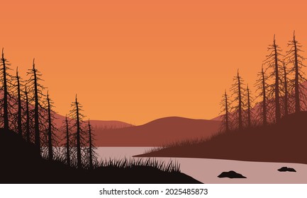 The beautiful view of the mountains from the riverbank at dusk with the aesthetic silhouette of dry trees. Vector illustration of a city