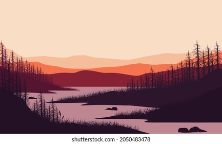 Beautiful view of the mountains from the riverbank at dusk with the silhouettes of pine trees around it. Vector illustration of a city