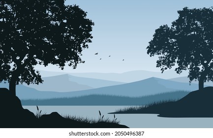 Hermosas vistas de las montañas desde la orilla del río por la mañana, con las siluetas de árboles a la sombra que las rodean. Ilustración vectorial de una ciudad