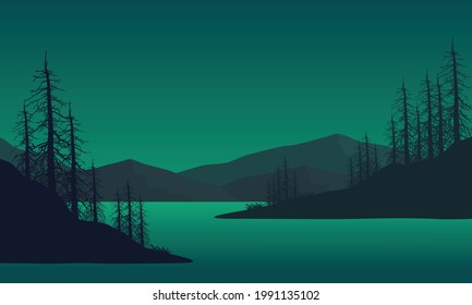 Beautiful view of the mountains from the riverbank at night with silhouettes of pine trees around it. Vector illustration of a city