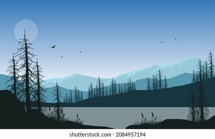 Its a beautiful view of the mountains from the riverbank at night with silhouettes of pine trees around it. Vector illustration of a city