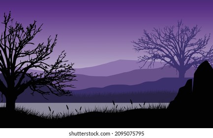 Beautiful view of the mountains from the riverbank at night with silhouettes of dry trees that are aesthetically pleasing. Vector illustration of a city
