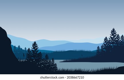A beautiful view of the mountains from the riverbank at sunrise. Vector illustration of a city