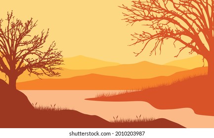 Beautiful view of the mountains from the riverbank at sunset in the afternoon with the silhouettes of dry trees. Vector illustration of a city