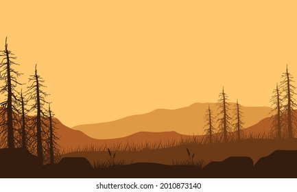 Beautiful view of the mountains with the silhouette of dry trees at dusk from the countryside. Vector illustration of a city