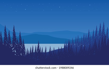 The beautiful view of the mountains with the silhouette of the pine trees from the riverbank at night. Vector illustration of a city