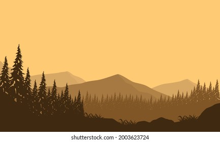 The beautiful view of the mountains with the silhouette of the pine trees from the out of the city on a sunny day. Vector illustration of a city 