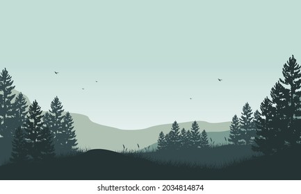 A beautiful view of the mountains with the silhouette of pine trees from the village in the morning. Vector illustration of a city
