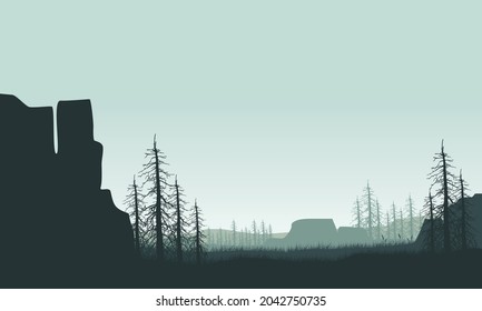 The beautiful view of the mountains with the silhouette of the pine trees at night from the riverbank. Vector illustration of a city