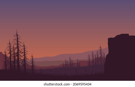 Beautiful view of the mountains with the silhouette of pine trees from the edge of the city at dusk. Vector illustration of a city