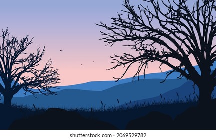 The beautiful view of the mountains from the suburb at dusk with the silhouette of dry trees around it. Vector illustration of a city