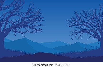 The beautiful view of the mountains from the suburb at night with the silhouette of dry trees around it. Vector illustration of a city