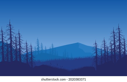 The beautiful view of the mountains from the suburb at twilight with an aesthetically pleasing dry tree silhouette. Vector illustration of a city