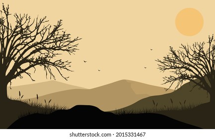 Beautiful view of the mountains at sunrise in the morning with the silhouette of dry trees around it. Vector illustration of a city