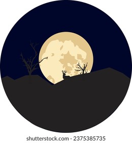 Beautiful view with mountains, trees,
Deer and sunset, autumn nature landscape vector background