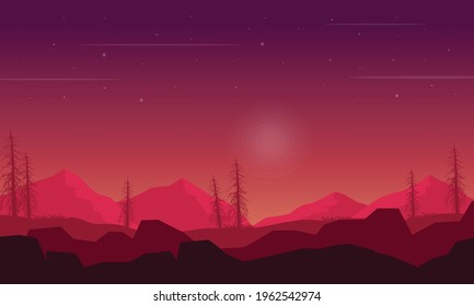 A beautiful view of the mountains under truly extraordinary a starry sky at night. Vector illustration