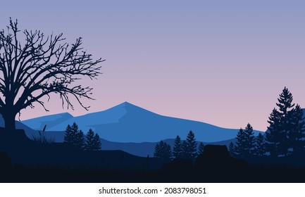 The beautiful view of the mountains from the village at dusk with the fantastic silhouette of dry trees around it. Vector illustration of a city