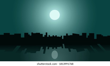 
beautiful view of the night city and the moon and their reflection on the water