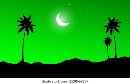 Uma bela vista à noite no verão com a silhueta de uma palmeira iluminada pela luz da lua e estrelas