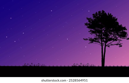Beautiful view at night in summer with tree silhouettes and starlight