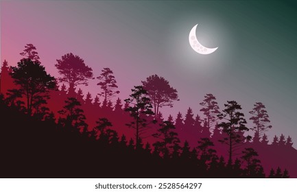 Beautiful view at night with trees and illuminated by the crescent moon and stars