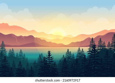 Hermosa vista de la puesta de sol del océano y el bosque de pinos y cordillera 