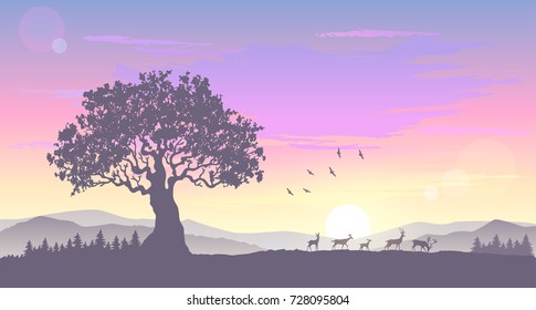 Beautiful view on a big tree and mountains and a herd of deer during dawn. Stylish vector illustration