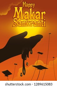 Beautiful view on Indian sunset with kites flying in the sky and hand taking water of Ganges -or Ganga- river during Makar Sankranti festival.