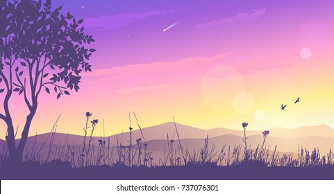 Beautiful View On A Mountains And Amazing Lilac Sunset. Stylish Vector Illustration