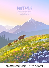 Beautiful view on a mountains and bear families walking across the valley. Amazing wallpaper. Vector illustration