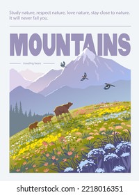 Beautiful view on a mountains and bear families walking across the valley. Amazing wallpaper. Vector illustration