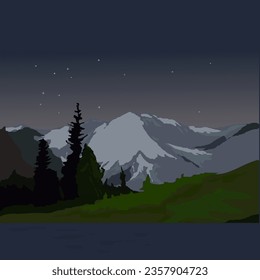 Bonitas vistas a las montañas y familias de osos que caminan por el valle. Papel de pared asombroso. Ilustración del vector