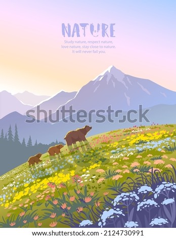 Beautiful view on a mountains and bear families walking across the valley. Amazing wallpaper. Vector illustration