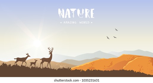 Beautiful view on a mountains and a herd of deer during dawn. Stylish vector illustration