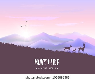 Beautiful view on a mountains and a herd of deer during dawn. Stylish vector illustration