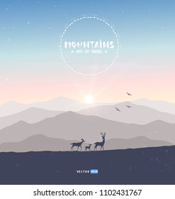 Beautiful view on a mountains and a herd of deer during dawn. Stylish vector illustration