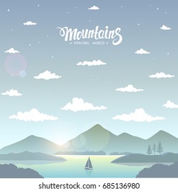 Beautiful view on a mountains and lake. Amazing sunrise. Vector illustration. Panorama of the nature