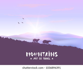 Beautiful view on a mountains and silhouette bears. Stylish vector illustration