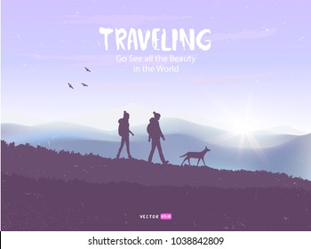 Beautiful view on mountains with silhouette of couple and with dog. Amazing sunrise. Vector illustration. Panorama of the nature. Traveling