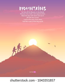 Beautiful view on mountains with silhouette of couple and with dog. Amazing sunrise. Vector illustration. Panorama of the nature. Traveling climb