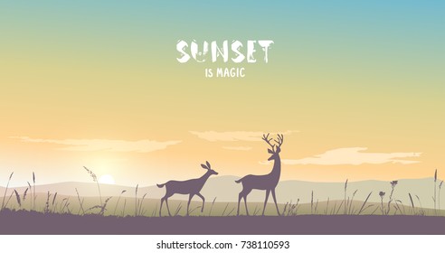 Beautiful view on a mountains and a two deers during sunset. Stylish vector illustration