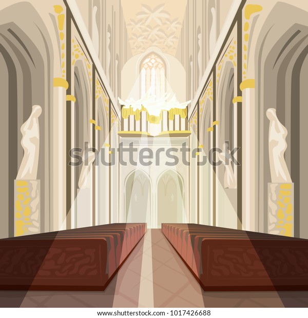 大聖堂の教会の中の祭壇から見た 名前の美しい景色 窓から日光を当てたカトリックバジリカの内部 リアルな手描きのコミックアートスタイル ベクターイラスト のベクター画像素材 ロイヤリティフリー