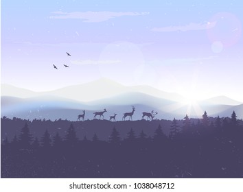 Beautiful view on a sky and mountains and a herd of deer. Stylish vector illustration