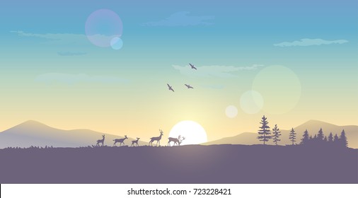 Beautiful view on a sky and mountains and a herd of deer during dawn. Stylish vector illustration