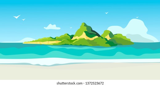 A beautiful view on a tropic isle from a beach with white sand. Creative banner, flyer, blog post, card or landing page for a travel agency or tour operator. Summer theme background or wallpaper.