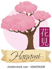Beautiful view of a pink blooming cherry tree with falling petals behind a ribbon to commemorate the Hanami (meaning "flower viewing", written in Japanese) Festival.