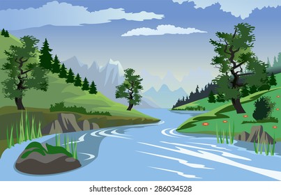 A beautiful view of a quiet river flowing through a valley