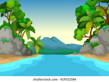 beautiful view of river cartoon with forest landscape background