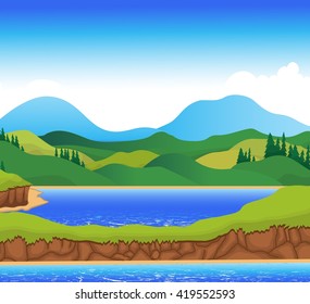 beautiful view of river cartoon with mountain landscape background